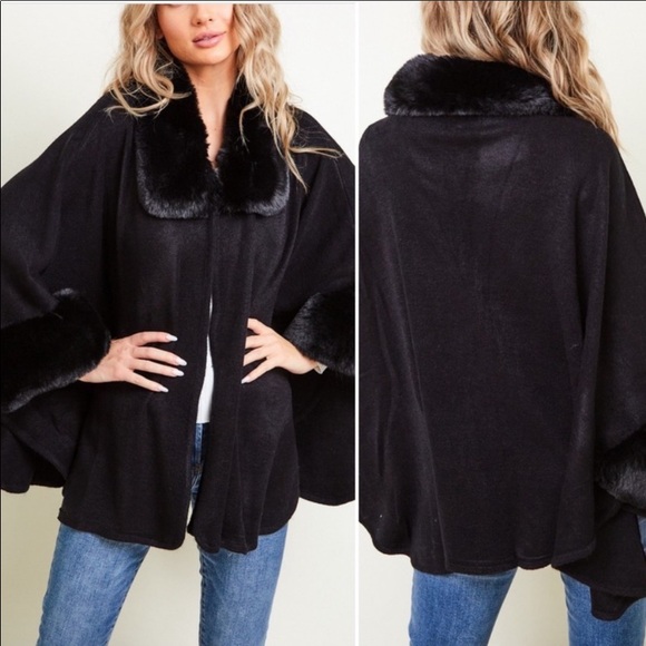 Black Winter Shawl Cape with Faux Fur Detail - Picture 3 of 4